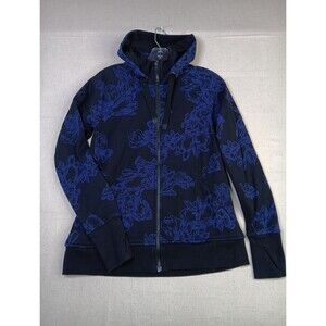 Athleta Triumph Hoodie Medium Black Purple Astral Bloom Full Zip Thumbholes EUC